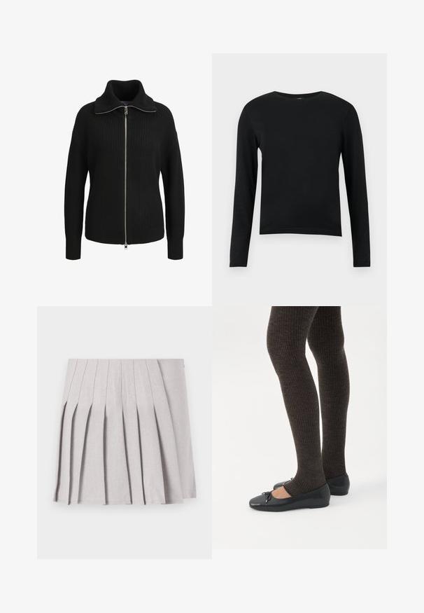Sort strikket langærmet sweater med lynlås, høj krave og ribbet struktur, vist forfra på en hvid baggrund.; Sort langærmet T-shirt med rund hals og tætsiddende ærmer vist på en ensfarvet lys grå baggrund.; Grå plisseret nederdel med en glat tekstur, der har flere lodrette folder og en tætsiddende talje. Fremstillet af letvægtsstof.; Ben iført mørke ribbede leggings kombineret med sorte balletsko med små sløjfedetaljer på hvid baggrund.
