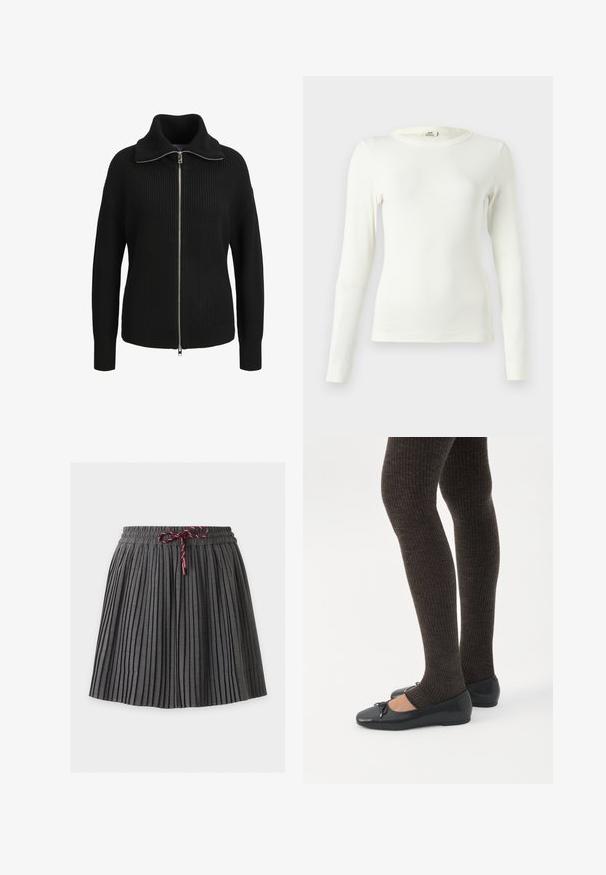 Sort strikket langærmet sweater med lynlås, høj krave og ribbet struktur, vist forfra på en hvid baggrund.; Hvid langærmet top lavet af ribbet stof med rund halsudskæring og tætsiddende pasform. Sømløse ærmeafslutninger.; Mørkegrå plisseret nederdel med elastik i taljen og en bundet vinrød snor foran i midten.; Ben iført mørke ribbede leggings kombineret med sorte balletsko med små sløjfedetaljer på hvid baggrund.