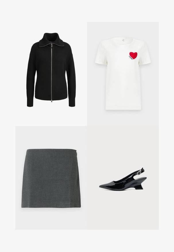 Zwarte gebreide trui met lange mouwen en ritssluiting, een hoge kraag en geribbelde structuur, voorkant weergegeven op een witte achtergrond.; Witte T-shirt met korte mouwen met een rode hart en het woord "AMOUR" gedrukt op de linkerkant van de borst.; Zwart-wit geblokte rok gemaakt van stof met een gladde textuur. Heeft een rechte silhouette en een ritssluiting aan de zijkant.; Zwarte lakleren slingback schoen met spitse neus en lage schuine blokhak op een effen lichte achtergrond.