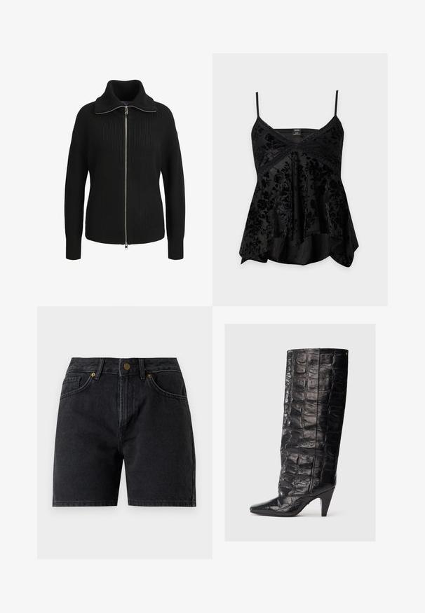Sort strikket langærmet sweater med lynlås, høj krave og ribbet struktur, vist forfra på en hvid baggrund.; Sort satin camisole med blomsterrelieffekt i fløjl, blondestrimle og justerbare tynde skulderstropper.; Sorte denimshorts med frontknap og lynlås, bæltestropper og to forlommer.; Sort læderstøvle til knæet med tekstureret krokodillemønster, spids tå og en tilspidset høj hæl. Har et slankt design og en glat finish.