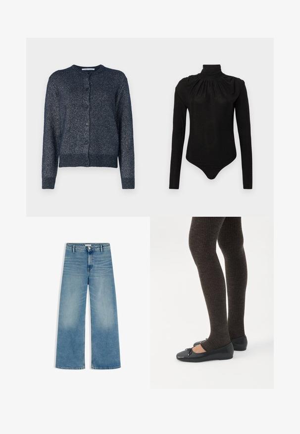 Cárdigan azul marino con cuello redondo, mangas largas, cierre de botones y una tela suave y texturizada con un ligero brillo.; Body de manga larga negro con cuello alto fruncido y silueta ajustada, diseñado para mujeres.; Vaqueros azules de pierna ancha con cierre frontal de botón y cremallera, trabillas para el cinturón y textura descolorida en muslos y rodillas.; Piernas con leggings oscuros acanalados combinados con bailarinas negras que presentan pequeños detalles de lazo sobre un fondo blanco.