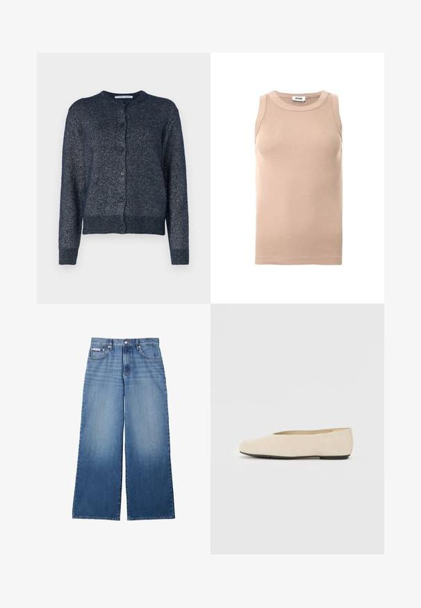 Marineblå cardigan med rund hals, lange ærmer, knaplukning og et blødt, struktureret stof med en subtil glans.; Beige ribbet ærmeløs top med rund halsudskæring og let stræk. Glat tekstur uden synligt hardware eller mønstre.; Vidbenede blå denim jeans med falmet front, fem-lomme stil, knap- og lynlåslukning samt lille Calvin Klein-label på forlommen.; Beige ruskind ballerina med rund tå, flad sål og minimalistisk design. Glat tekstur uden synligt hardware eller udsmykninger.