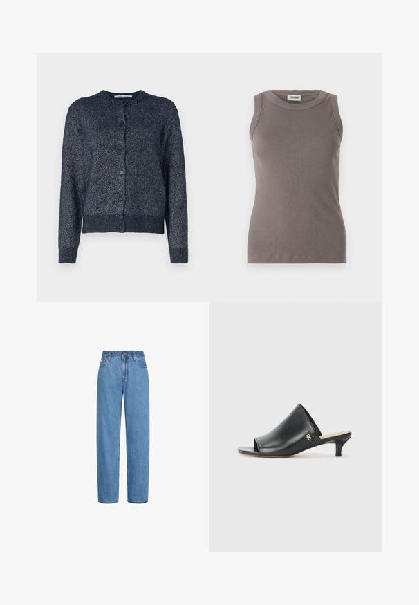 Marineblå cardigan med rund hals, lange ærmer, knaplukning og et blødt, struktureret stof med en subtil glans.; Grå ribbede tanktop med rund halsudskæring og ærmeløs design, lavet af et blødt, tekstureret stof. Enkel, tætsiddende silhuet.; Straight-leg blå denim jeans med høj talje, frontknap og lommer, vist mod en hvid baggrund.; Sorte læder open-toe mules med en lav hæl. Har en glat overflade og et guld logo-prim på siden.