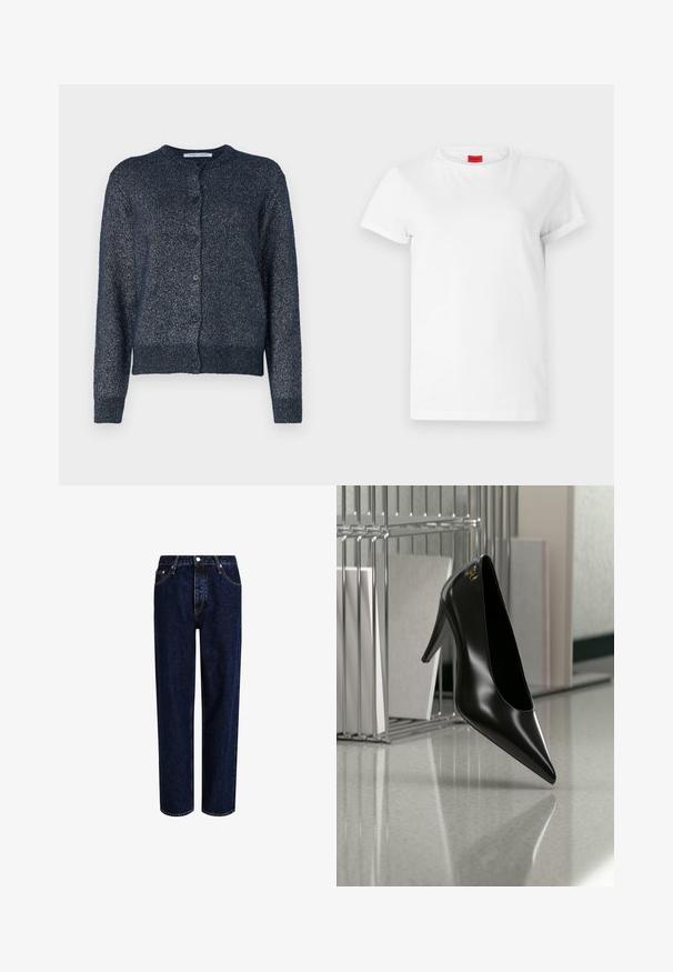 Marineblå cardigan med rund hals, lange ærmer, knaplukning og et blødt, struktureret stof med en subtil glans.; Hvid kortærmet t-shirt lavet af letvægts bomuld. Har en rund halsudskæring og rullede ærmer. Rød logoetiket på kraven.; Mørkeblå denim jeans med lige ben-design, der har høj talje, fem-lomme-stil og kontrastsyninger. Ingen dekorationer.; Sort højhælet sko med spids tå og guldlogo, placeret på en reflekterende overflade nær en krom trådfilholder med dokumenter.