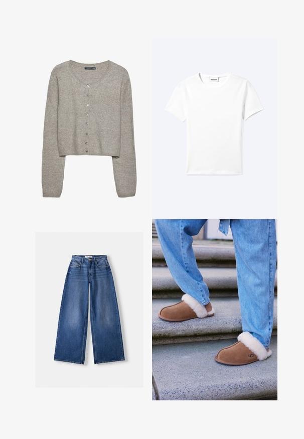 Cardigan court gris clair en tricot doux avec des manches longues, un col rond et six boutons métalliques sur le devant.; T-shirt blanc uni à manches courtes et col rond avec une petite étiquette "WEEKDAY" à l'intérieur de l'encolure, présenté à plat sur un fond clair.; Jeans en denim bleu à jambes larges avec poches avant, passants de ceinture et fermeture par bouton, posés à plat sur un fond clair.; Chaussons en daim marron avec doublure en fourrure blanche, bout arrondi et semelle en caoutchouc, associés à un jean en denim bleu sur des marches en granite.