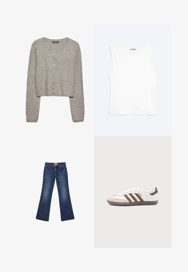 Cardigan court gris clair en tricot doux avec des manches longues, un col rond et six boutons métalliques sur le devant.; Débardeur blanc ajusté sans manches avec un col rond et un design minimaliste, étiqueté "WEEKDAY" à l'intérieur du col.; Jeans évasés en denim de couleur bleue, avec une taille mi-haute, deux poches avant et une texture délavée avec des détails de couture.; Baskets Adidas Samba blanches avec des bandes en daim marron, semelle en caoutchouc marron et bout en daim beige, vues du côté extérieur sur un fond uni.