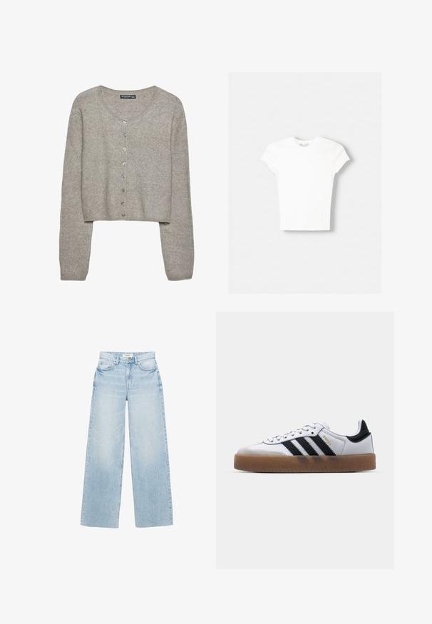 Cardigan court gris clair en tricot doux avec des manches longues, un col rond et six boutons métalliques sur le devant.; T-shirt blanc à manches courtes en coton doux, avec un col rond et une coupe ajustée. Pas de motifs ni d'ornements visibles.; Jean large à lavage clair en denim. Caractérisé par une taille haute, cinq poches et une fermeture éclair avec bouton. Texture légèrement usée.; Baskets en cuir blanc avec des rayures noires, semelle extérieure en caoutchouc beige, bout rond, fermeture lacée et embout en suède gris doux.
