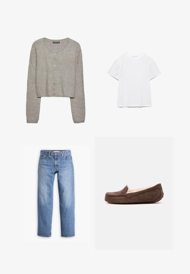 Cardigan court gris clair en tricot doux avec des manches longues, un col rond et six boutons métalliques sur le devant.; T-shirt blanc uni à manches courtes et col rond, avec un ourlet droit, présenté sur un fond blanc.; Jeans en denim bleu clair avec une coupe droite, cinq poches et une fermeture éclair. Le tissu a une finition texturée classique avec un léger dégradé.; Chausson mocassin en daim marron avec doublure en peluche couleur crème et logo UGG embossé sur le côté, présenté en vue de profil latéral.