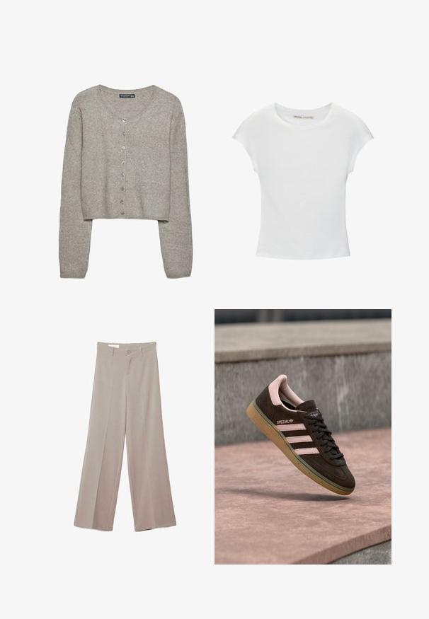 Cardigan court gris clair en tricot doux avec des manches longues, un col rond et six boutons métalliques sur le devant.; T-shirt en coton blanc avec manches courtes retroussées, encolure ronde et ourlet droit. Texture lisse sans motifs ni accents visibles.; Pantalon beige à jambes larges avec plis devant, fermeture par boutons, passants pour ceinture et sans poches visibles, présenté sur un fond blanc.; Baskets en suède brun foncé avec des accents roses, présentant trois bandes roses, une semelle texturée et un logo sur le côté. Design classique à profil bas.