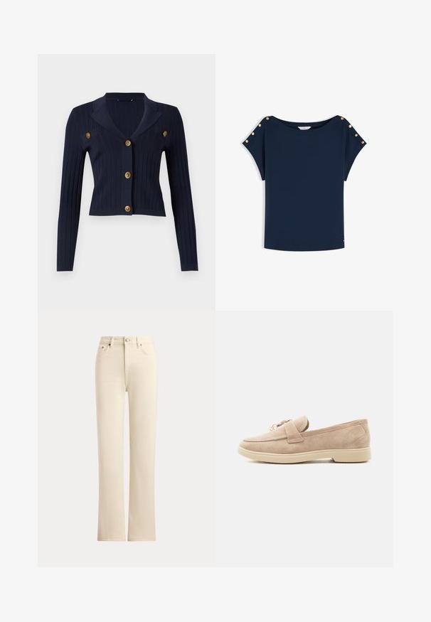 Marinblå ribbet cardigan med lange ærmer, cropped design, klippede revers og fire guldknapdetaljer foran.; Marineblå kortærmet top med bådudskæring og guldknapper langs hver skuldersøm.; Beige jeans med lige ben, for-lynlås og knap, bæltestropper og forlommer på en enkel lys baggrund.; Beige ruskindslipper med lav cremefarvet sål, gyldenkæde-detalje på overdelen og syninger, vist fra siden på en hvid baggrund.