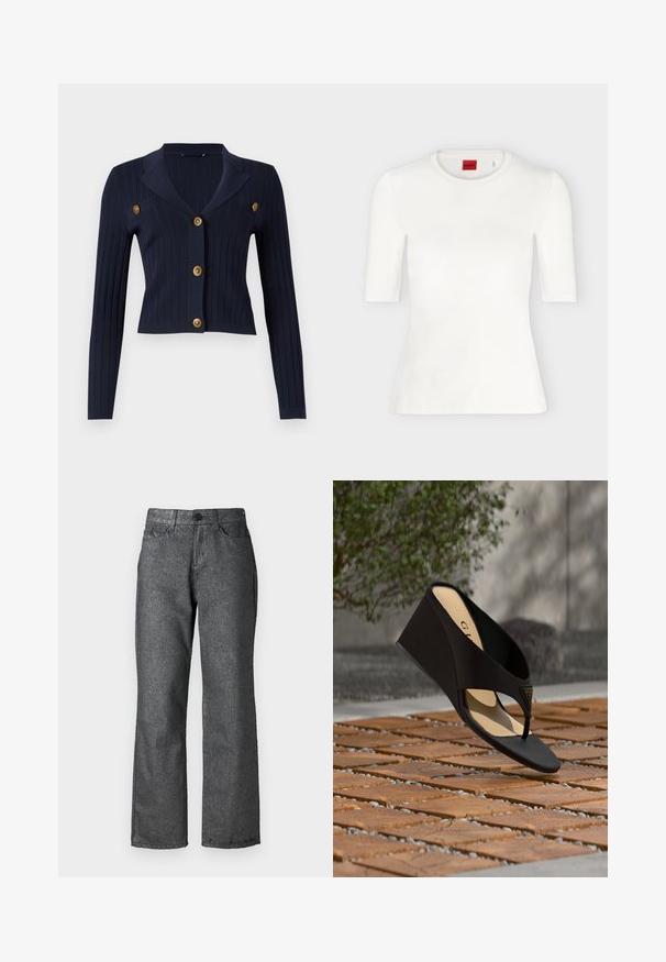 Marinblå ribbet cardigan med lange ærmer, cropped design, klippede revers og fire guldknapdetaljer foran.; Hvid tætsiddende T-shirt med korte ærmer og rund halsudskæring med rød varemærkeetiket inde i kraven.; Grå denim jeans med en let glans, lige ben design, fem lommer, knaplukning og synlige søm detaljer.; Sort kile-sandal med tårem og gyldent trekantet logoemblem, vist over tekstureret murstensgrund med grønt område og væg i baggrunden.