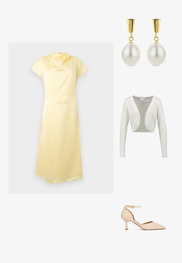 Cardigan blanc, court, avec des manches longues, un décolleté en V profond et une finition lisse. Tissu léger avec un panneau arrière transparent.; Robe midi en satin jaune doux avec manches courtes et encolure en drapé, présentée à plat sur un fond uni.; Escarpin en cuir beige avec bout pointu, bride à la cheville et talon fin. Texture lisse avec un éclat subtil, mettant en valeur un design minimaliste.; Boucles d’oreilles pendantes en or avec de grandes perles ovales blanches suspendues à un clou en or rectangulaire poli.