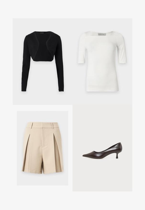 Boléro noir court à manches longues et devant ouvert, confectionné dans un tissu léger.; Haut blanc à manches courtes avec un décolleté carré, fabriqué dans un tissu lisse, présentant des détails discrets de coutures sur les épaules et les côtés.; Shorts beige taille haute, coupés sur mesure, avec passants de ceinture et plis avant, présentés sur un fond neutre.; Escarpin en cuir marron foncé à bout pointu avec petit talon incurvé sur fond blanc.