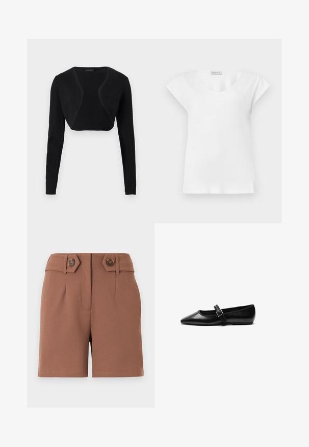Boléro noir court à manches longues et devant ouvert, confectionné dans un tissu léger.; Blouse blanche à manches courtes avec un col rond et une petite étiquette de marque près du col.; Shorts marron taille haute avec une fermeture avant dissimulée, des passants pour ceinture et deux boutons décoratifs marron sur des pattes inclinées à la taille.; Chaussure noire plate en cuir avec un bout pointu, bride réglable avec une boucle en métal, texture lisse et design minimaliste.