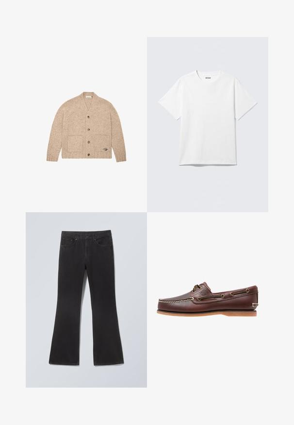 Cardigan en tricot beige à manches longues, avec des boutons sur le devant, deux poches avant et un petit logo brodé sur la poche inférieure droite.; T-shirt blanc à manches courtes et col rond, étalé à plat, design uni, avec l'étiquette "WEEKDAY" à l'intérieur du col sur un fond clair.; Jean noir en denim à jambes évasées, bouton et fermeture éclair sur le devant, et cinq poches, posé à plat sur un fond clair.; Chaussure bateau en cuir marron avec coutures blanches, détails de lacets et semelle en caoutchouc beige, vue de côté sur fond blanc.