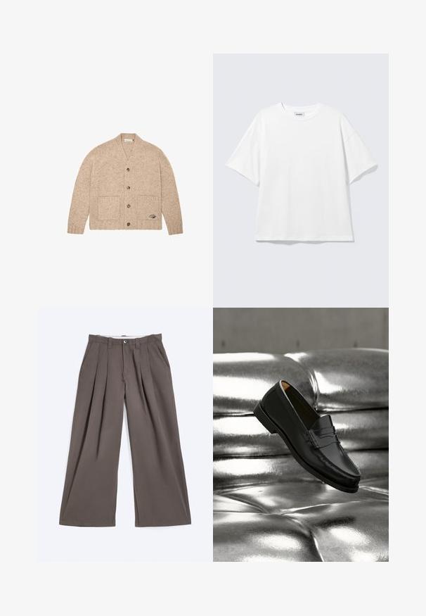 Cardigan en tricot beige à manches longues, avec des boutons sur le devant, deux poches avant et un petit logo brodé sur la poche inférieure droite.; T-shirt blanc oversize à manches courtes, col rond, épaules tombantes, posé à plat sur fond gris clair.; Pantalon marron à jambes larges avec plis, passants de ceinture, fermeture par bouton et poches latérales, posé à plat sur un fond blanc.; Mocassin en cuir noir flottant au-dessus d'un canapé en cuir argenté brillant matelassé à boutons dans un décor minimaliste.