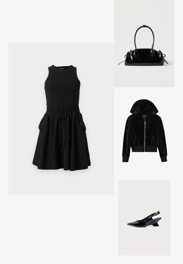 Sort velour zip-hoodie med en buet hætte, frontlommer og ribbede manchetter. Glat tekstur og enkelt design med fokus på komfort.; Sort ærmeløs kjole med et ribbet top og en flagrende nederdel. Har en elastisk talje og to sidelommer med knapper.; Sort laklæder slingback-sko med spids tå og lav skrå blokhæl på hvid baggrund.; Lille sort blank håndtaske med to lange håndtag og snøre-detaljer i siden på en ensfarvet lys baggrund.