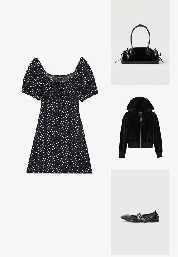 Zwarte fluwelen hoodie met ritssluiting, een gebogen capuchon, voorzakken en geribbelde mouwen. Soepele textuur en een eenvoudig ontwerp gericht op comfort.; Zwarte korte jurk met witte onregelmatige stippen, pofmouwen, vierkante halslijn en voorste strikdetail.; Zwarte leren platte schoen met een spitse neus, geplooide details rond de opening en een zilveren gespaccentueerde verstelbare band.; Kleine zwarte glanzende handtas met twee lange hengsels en zijkant trekkoord details op een effen lichte achtergrond.