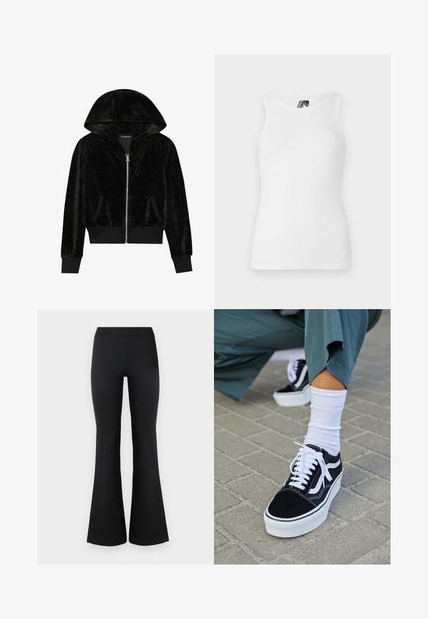 Sort velour zip-hoodie med en buet hætte, frontlommer og ribbede manchetter. Glat tekstur og enkelt design med fokus på komfort.; Hvid ribbet tanktop med rund halsudskæring og ærmeløst design, lavet af en blød bomuldsblanding med en tætsiddende silhuet.; Sorte flared bukser lavet af et glat, strækbart stof. Har en høj talje og flared nederkant for et tætsiddende look. Enkel design.; Sorte ruskinds sneakers med hvide accenter og snørebånd, der har en tyk hvid sål og kontrasterende syninger, parret med en hvid sok.