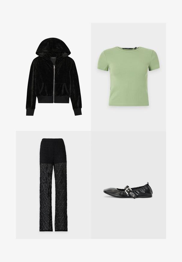 Sort velour zip-hoodie med en buet hætte, frontlommer og ribbede manchetter. Glat tekstur og enkelt design med fokus på komfort.; Lysegrøn ribbet crop top med korte ærmer, rund halsudskæring og tætsiddende pasform på hvid baggrund.; Lange sorte blonderbukser med en solid linning og delvist gennemsigtige ben på en ensartet lys baggrund.; Sorte læder flade sko med spids tå, samling detaljer omkring åbningen, og en sølv spænde accent på den justerbare rem.