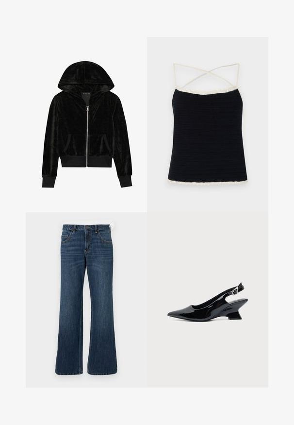 Sort velour zip-hoodie med en buet hætte, frontlommer og ribbede manchetter. Glat tekstur og enkelt design med fokus på komfort.; Sort hæklede camisole med cremede konturer, der har krydsede spaghetti-stropper og en tætsiddende silhuet. Glat tekstur med horisontale mønstre.; Mørkeblå jeans med vide ben og klassisk design med fem lommer, der har knaplukning og diskret falming. Fremstillet af denimstof.; Sort laklæder slingback sko med spids tå og lav vinklet blokhæl på ensartet lys baggrund.