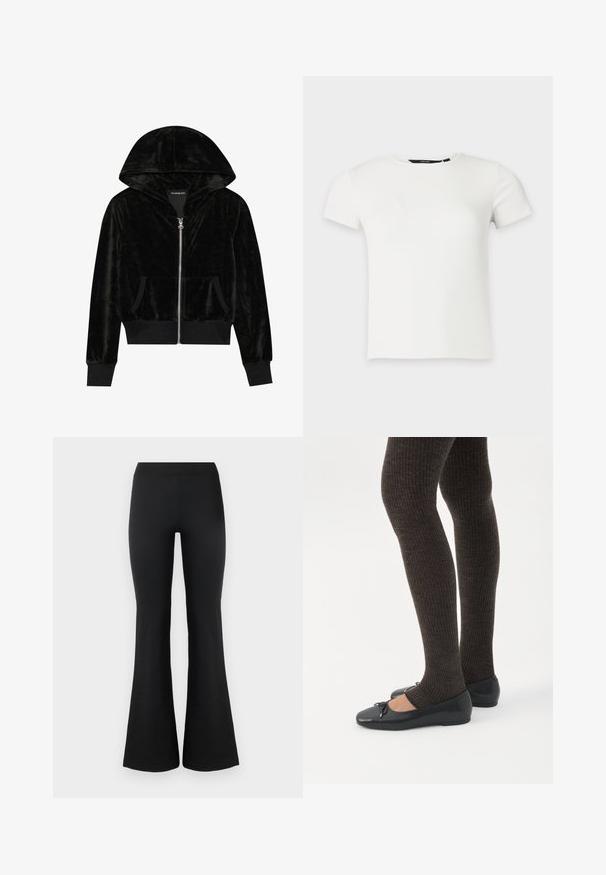 Sort velour zip-hoodie med en buet hætte, frontlommer og ribbede manchetter. Glat tekstur og enkelt design med fokus på komfort.; Hvid kortærmet ribstrikket t-shirt med rund halsudskæring, vist på en ensartet lys grå baggrund.; Sorte flared bukser lavet af et glat, strækbart stof. Har en høj talje og flared nederkant for et tætsiddende look. Enkel design.; Ben iført mørke ribbede leggings kombineret med sorte balletsko med små sløjfedetaljer på hvid baggrund.