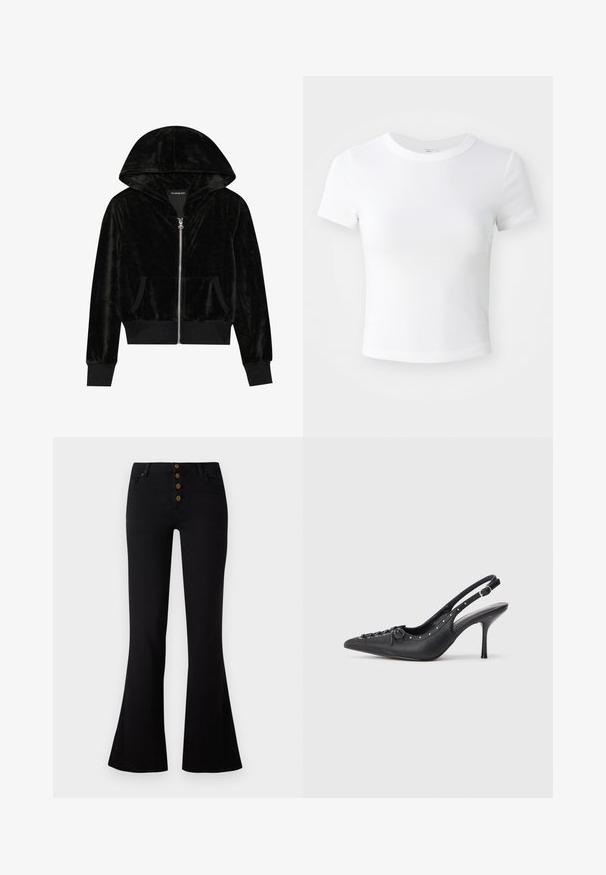 Sort velour zip-hoodie med en buet hætte, frontlommer og ribbede manchetter. Glat tekstur og enkelt design med fokus på komfort.; Simpel hvid kortærmet cropped t-shirt med rund halsudskæring, præsenteret på en neutral lys baggrund.; Sorte flared jeans med høj talje og femknapslukning. Fremstillet af denim med en glat tekstur og let stræk for komfort.; Sorte læder slingback stiletto med spids tå, side spændebånd, nitter langs kanten og dekorativ snøring foran.