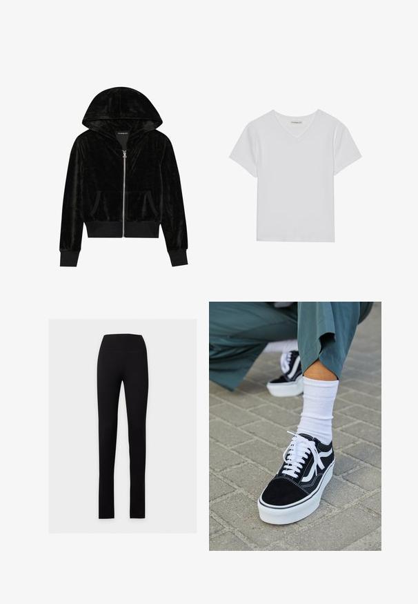 Sort velour zip-hoodie med en buet hætte, frontlommer og ribbede manchetter. Glat tekstur og enkelt design med fokus på komfort.; Hvid kortærmet V-hals t-shirt lavet af ribbet stof. Har et rent design med en lige kant og minimal detaljer.; Sorte højtaljede leggings med slank pasform og en glat talje, vist fladt på en lysegrå baggrund.; Sorte ruskinds sneakers med hvide accenter og snørebånd, der har en tyk hvid sål og kontrasterende syninger, parret med en hvid sok.