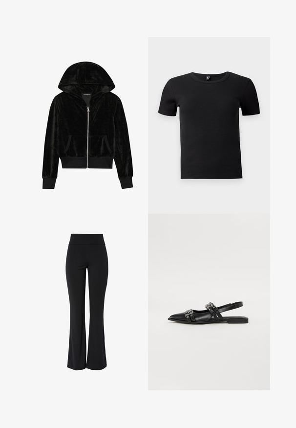 Sort velour zip-hoodie med en buet hætte, frontlommer og ribbede manchetter. Glat tekstur og enkelt design med fokus på komfort.; Sort kortærmet t-shirt lavet af ribbet stof. Har en klassisk rund hals og en tætsiddende silhuet. Ingen yderligere accenter.; Sorte højtaljede, strækbare bukser med let udvidede ben og en glat, sømløs konstruktion mod en hvid baggrund.; Even&Odd by Zalando Slingback-ballerinasko - black