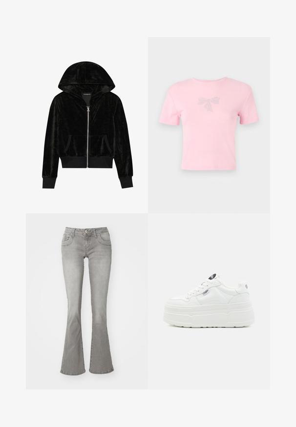 Zwarte fluwelen hoodie met ritssluiting, een gebogen capuchon, voorzakken en geribbelde mouwen. Soepele textuur en een eenvoudig ontwerp gericht op comfort.; Korte mouwen roze katoenen t-shirt met een strikontwerp versierd met rhinestones aan de voorkant. Ronde hals, ontspannen pasvorm.; Grijze flared jeans met een middelhoge taille, voorkzakken en een knoopsluiting, gemaakt van denim stof met een gladde structuur.; Witte platform sneakers met een glad synthetisch buitenkant, ronde neus, gewatteerde kraag en textuurzool. Bevat een contrasterend logo label.