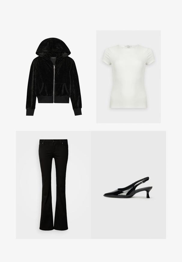 Sort velour zip-hoodie med en buet hætte, frontlommer og ribbede manchetter. Glat tekstur og enkelt design med fokus på komfort.; Plain hvid tætsiddende t-shirt med korte ærmer og rund halsudskæring, vist på en neutral baggrund.; Bukser med bootcut til sorte kvinder med knap- og lynlåslukning, bæltestropper samt for- og baglommer, vist mod en hvid baggrund.; Sorte patenterede slingback-sko med spidse tæer og lav blokhæl. Justerbar spænde-rem ved anklen.