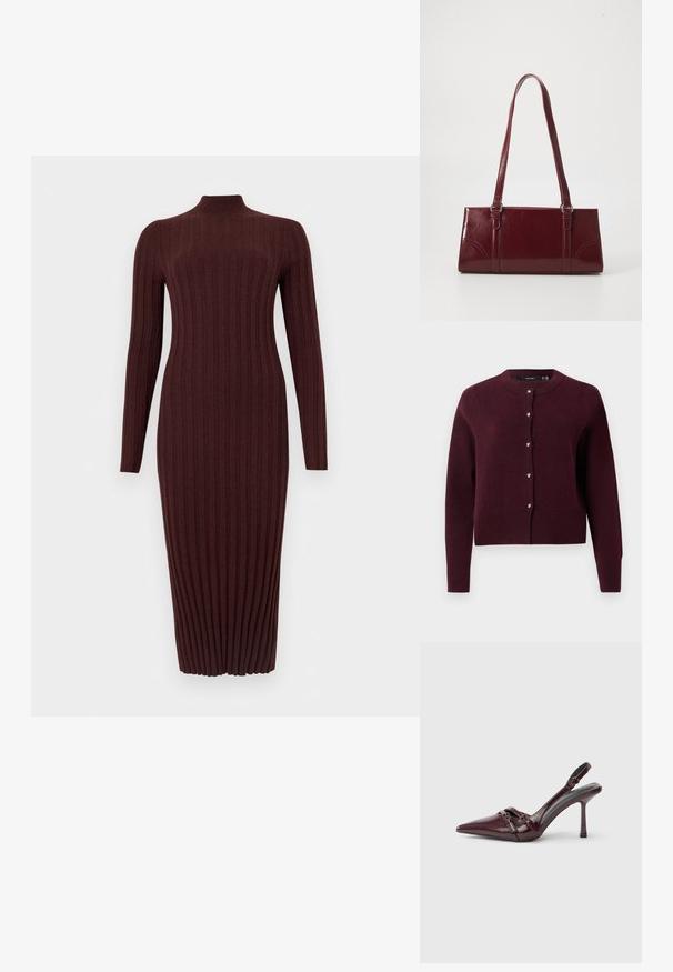 Bordeaux breien cardigan met een ronde halslijn, lange mouwen en hartvormige knopen aan de voorkant. Geribde zoom en manchetten.; Mouwloze, geribbelde, donkerbruine gebreide midi-jurk met col, aansluitende pasvorm en verticale textuur.; Bordeauxrode lakleren slingback met puntige neus, dunne enkelband en kleine decoratieve gespsluiting. Gladde textuur en hoge hak.; Bourgondische handtas van glanzend materiaal, rechthoekige vorm, met twee schouderbanden en subtiele gebogen accenten aan de voorkant.
