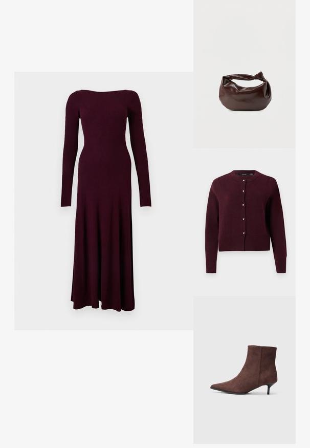 Cárdigan de punto burdeos con un cuello redondo, mangas largas y botones en forma de corazón en el frontal. Con puños y dobladillo acanalados.; Vestido midi de punto acanalado de manga larga en un profundo color burdeos con corsé ajustado y falda ligeramente acampanada sobre fondo blanco.; Botines de ante marrón con punta afilada y un tacón negro delgado. Presentan una textura suave y un diseño sencillo.; Bolso de hombro de cuero marrón oscuro con una forma suave y caída, y un asa con nudo torcido sobre un fondo blanco liso.