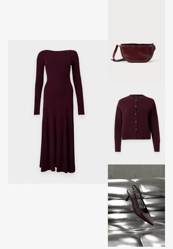 Bordeauxfarbener Strickcardigan mit rundem Ausschnitt, langen Ärmeln und herzförmigen Knöpfen auf der Vorderseite. Ribbed Saum und Bündchen.; Langärmeliges, geripptes Midikleid in tiefem Burgunderrot mit figurbetontem Oberteil und leicht ausgestelltem Rock vor weißem Hintergrund.; Glänzender, dunkelroter Slingback-Pumps mit hohem Absatz und spitz zulaufender Vorderkappe, präsentiert auf glänzendem, silbernem, gesteppter Lederoberfläche.; Dunkelroter Lederhandtasche in halbmondförmiger Form mit Reißverschluss und abnehmbarem Tragegurt. Glatte Textur mit dezentem Glanz.