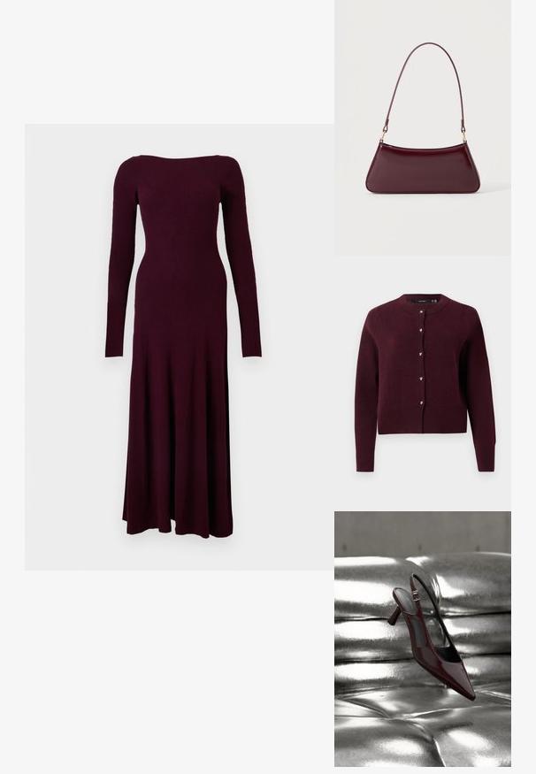 Bordeauxfarbener Strickcardigan mit rundem Ausschnitt, langen Ärmeln und herzförmigen Knöpfen auf der Vorderseite. Ribbed Saum und Bündchen.; Langärmeliges, geripptes Midikleid in tiefem Burgunderrot mit figurbetontem Oberteil und leicht ausgestelltem Rock vor weißem Hintergrund.; Glänzender, dunkelroter Slingback-Pumps mit hohem Absatz und spitz zulaufender Vorderkappe, präsentiert auf glänzendem, silbernem, gesteppter Lederoberfläche.; Dunkelburgunderfarbene, glänzende Handtasche mit einem einzigen dünnen Griff und einer schlanken, trapezförmigen Form auf einem schlichten hellen Hintergrund.