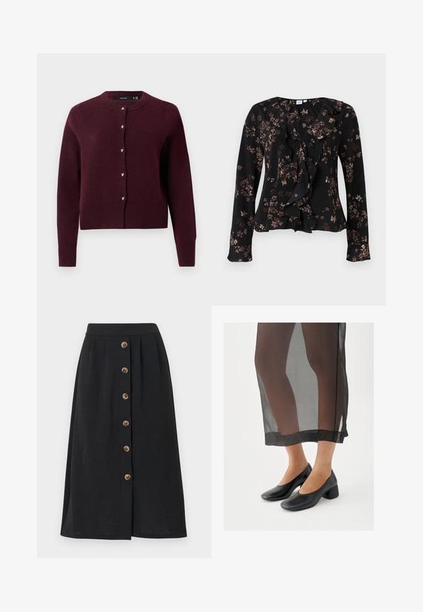 Bordeaux strikket cardigan med rund halsudskæring, lange ærmer og hjerteformede knapper foran. Ribbede kanter og manchetter.; Sort bluse med lange ærmer, brun blomsterprint, flæset V-udskæring og bindedetalje foran, lavet af letvægtsstof.; Sort midi-nederdel med en glat tekstur, der har seks bronzefarvede knapper foran og en talje fremhævet af et bredt bånd.; Sorte sko med blokhæle og glat læderfinish, båret med et gennemsigtigt sort skørt med en ren kant og minimalistisk design.