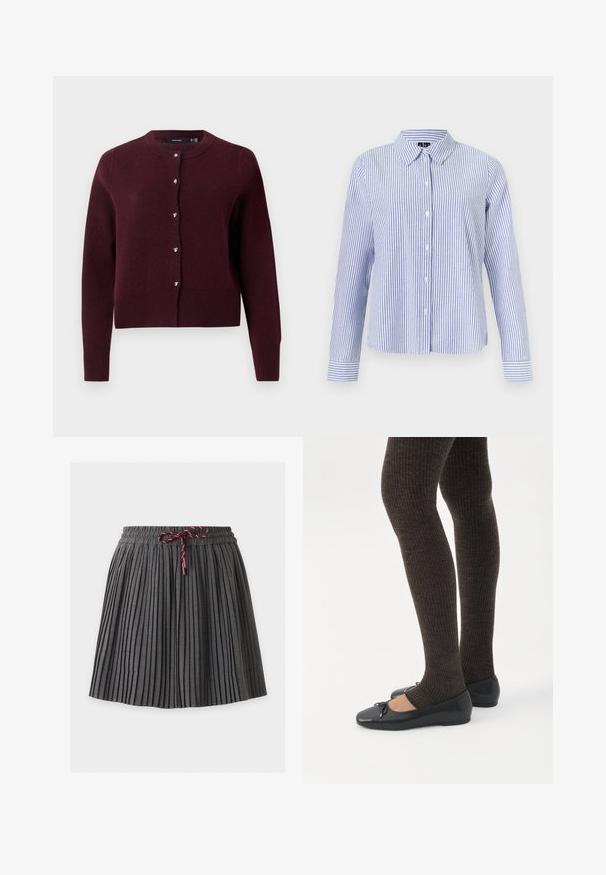 Cárdigan de punto burdeos con un cuello redondo, mangas largas y botones en forma de corazón en el frontal. Con puños y dobladillo acanalados.; Camisa de manga larga con botones, con rayas verticales blancas y azul claro y cuello puntiagudo, mostrada sobre un fondo liso.; Falda plisada gris oscuro con cintura elástica y cordón granate atado en el centro delantero.; Piernas con leggings oscuros acanalados combinados con bailarinas negras que presentan pequeños detalles de lazo sobre un fondo blanco.