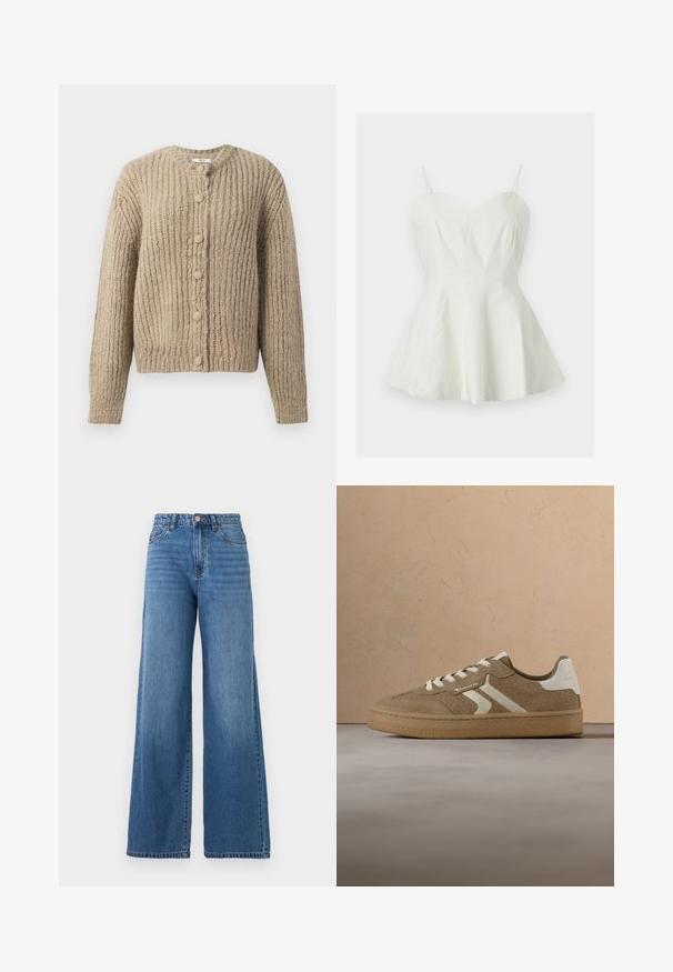 Cardigan en tricot épais beige avec de longues manches et six boutons recouverts de tissu à l'avant, doté d'un col rond.; Robe blanche sans manches avec fines bretelles spaghetti et corsage ajusté s’évasant en une jupe courte en ligne A.; Jean bleu taille haute à jambe large avec poches avant, passants pour ceinture, fermeture à bouton et braguette zippée.; Baskets en daim marron avec motif texturé, bandes latérales blanches, patch beige au talon et lacets beiges sur une semelle épaisse marron.