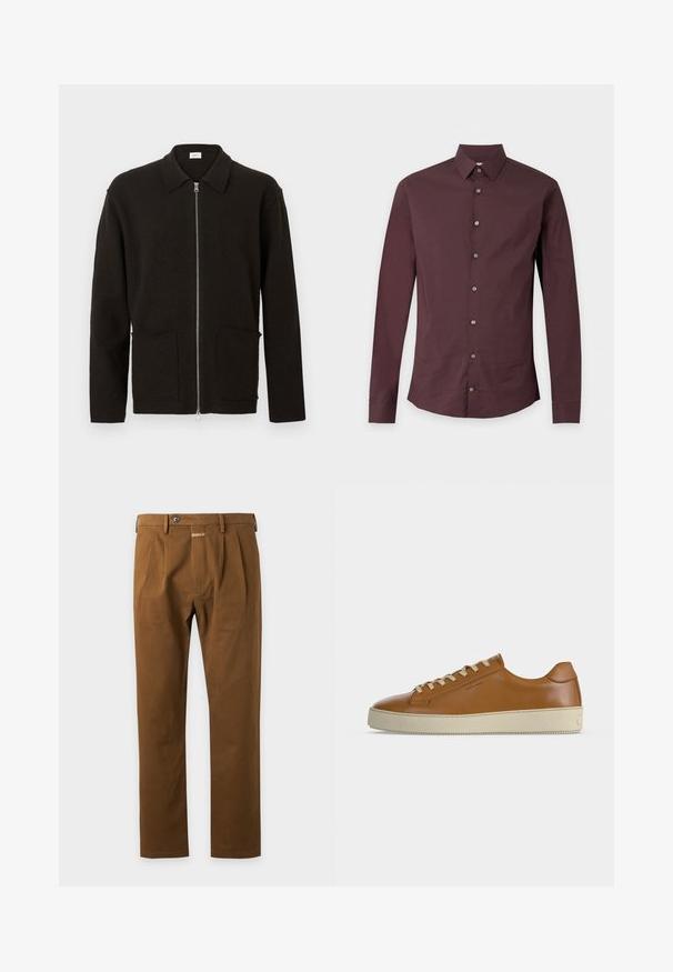 Cardigan marron foncé à fermeture éclair avec deux poches avant et un col, présenté sur un fond clair uni.; Chemise à manches longues en bordeaux foncé avec un col classique et sept boutons sur le devant.; Pantalon marron à jambes droites avec passants de ceinture, bouton à l'avant et détails plissés sur fond clair.; Baskets basses en cuir marron avec lacets crème et semelle épaisse en caoutchouc crème, vues de profil sur fond blanc.