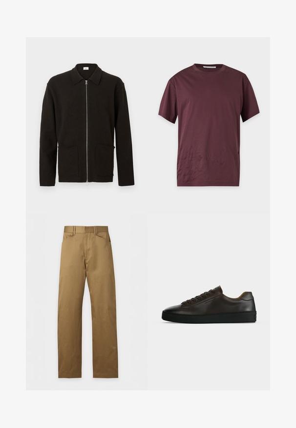 Cardigan marron foncé à fermeture éclair avec deux poches avant et un col, présenté sur un fond clair uni.; T-shirt manches courtes à col rond de couleur bordeaux foncé uni, présenté à plat sur un fond clair.; Pantalon kaki droit avec passants de ceinture et poches avant, posé à plat sur un fond clair.; Baskets basses en cuir marron foncé avec semelle en caoutchouc noire, lacets à l'avant et design minimaliste épuré sur fond clair.