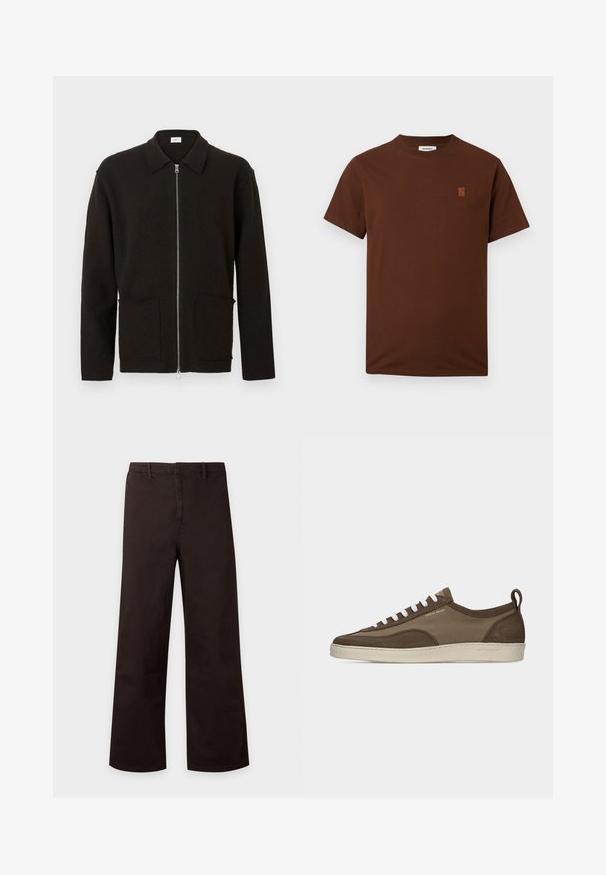 Cardigan marron foncé à fermeture éclair avec deux poches avant et un col, présenté sur un fond clair uni.; T-shirt marron à manches courtes avec col rond et petit logo brodé sur le côté gauche de la poitrine, sur fond uni.; Pantalon marron foncé à jambes droites avec passants pour ceinture et fermeture éclair à l’avant, présenté sur un fond clair uni.; Baskets basses marron à profil bas avec lacets blancs, semelle beige, dessus en tissu et daim, languette latérale et logo "Tiger of Sweden" en texte doré.