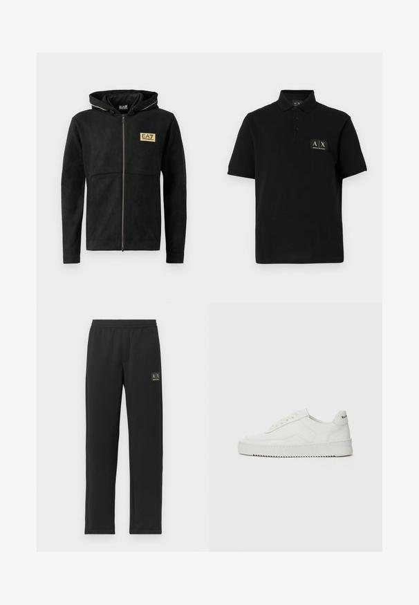 Sort zip-up hoodie lavet af blødt materiale, med et guldlogo på brystet, kontrasterende lynlås og hætte med snøre.; Sort polo-shirt lavet af bomuld, med klassisk krave, tre knapper og en rektangulær logoapplikation i guld og sort.; Sorte sweatpants med lige ben, elastisk talje og sort logo-patch på venstre lår.; Hvide lædersneakers med en glat overflade, rund tå, flade snørebånd og en tekstureret sål. Har et diskret logo på hælen.