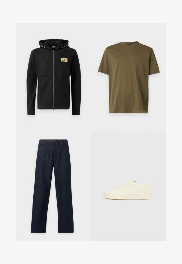 Schwarze Zip-Hoodie aus weichem Material, mit einem goldenen Logo auf der Brust, kontrastierendem Reißverschluss und einer Kapuze mit Kordelzug.; Olivgrünes T-Shirt mit kurzen Ärmeln, rundem Ausschnitt und dezent gesticktem Emporio Armani-Logo mittig auf der Brust.; Dunkelblaue Straight-Leg-Denimjeans mit Fronttaschen und sichtbaren braunen Nähten, flach auf einem hellen Hintergrund liegend.; Cremefarbener Sneaker mit glattem Lederoberteil, abgerundeter Zehenpartie, Schnürung vorne und strukturierter Gummisohle. Minimalistisches Design, ohne Logos.