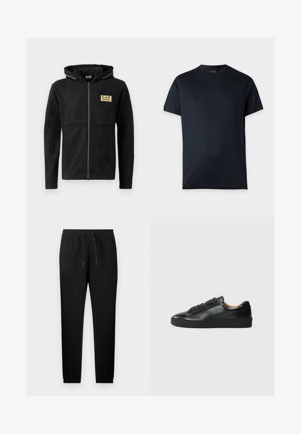 Sort zip-up hoodie lavet af blødt materiale, med et guldlogo på brystet, kontrasterende lynlås og hætte med snøre.; Enkelt sort t-shirt med korte ærmer og rund hals med et lille logo nær kanten på en lysegrå baggrund.; Sorte skrå sweatpants med elastisk taljebånd og snøre, med manchetter ved anklerne og sidelommer.; Sorte lædersneakers med en glat overflade, rund tå og snørebåndslukning. Har en tyk gummisål og minimal branddetalje.