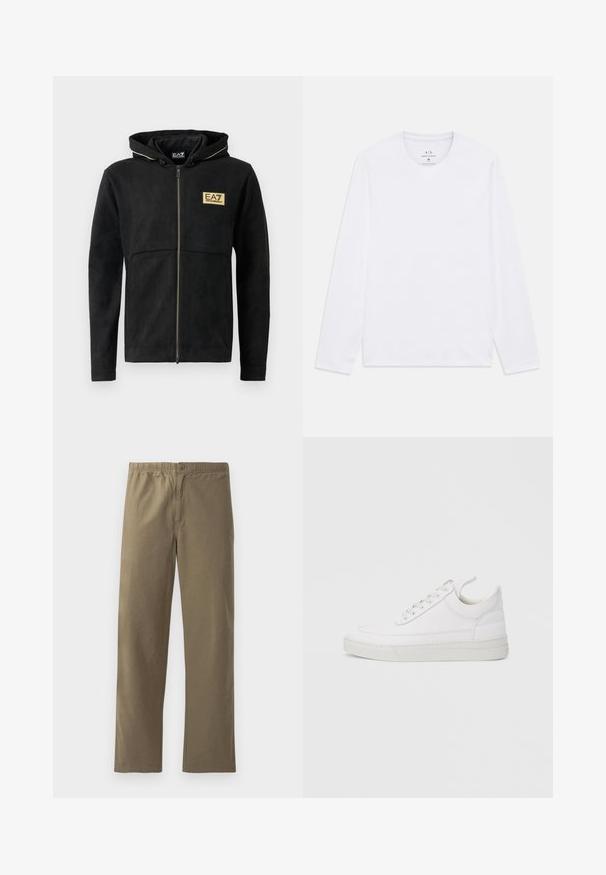 Sudadera con cremallera negra hecha de material suave, con un logo dorado en el pecho, cremallera en contraste y capucha con cordón.; Camisa blanca de manga larga con cuello redondo y el logo de Armani Exchange impreso en el interior del cuello, talla mediana.; Pantalones caqui hechos de tela ligera. Presentan una cinturilla elástica, un cierre de botón, piernas rectas y una textura suave.; Zapatilla blanca de cuero con punta redondeada, suela plana y cierre de cordones. Presenta detalles de costuras y un cuello acolchado para mayor comodidad.