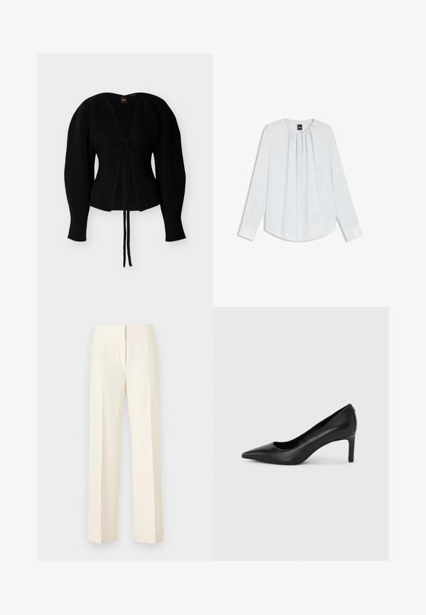 Cardigan noir en maille côtelée avec manches longues bouffantes et fermeture à nouer sur le devant, étiquette "BOSS" à l'intérieur du col.; Blouse blanche à manches longues avec col plissé, boutons avant cachés et poignets, posée à plat sur un fond blanc.; Pantalon droit sur mesure couleur blanc cassé avec pli avant, ceinture et fermeture avant dissimulée sur un fond uni.; Escarpin à bout pointu en cuir noir avec un talon fin de hauteur moyenne sur un fond gris clair uni.