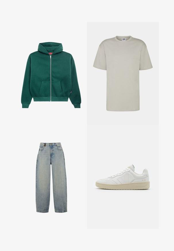 Groene zip-up hoodie van zacht materiaal, met een capuchon, zijzakken en ribgebreide manchetten en onderrand. Eenvoudig, effen kleurontwerp.; Lichtgrijze katoenen T-shirt met korte mouwen, ronde hals en een comfortabele pasvorm. Geen zichtbare patronen of ontwerpen. Platte naden en standaard lengte.; Lichtblauwe denim jeans met een ontspannen pasvorm, voorzien van een hoge taille, wijde pijpen, een klassiek vijf-pocket ontwerp en metalen hardware accenten.; Witte leren sneakers met een gestructureerde afwerking en een gevoerde kraag. Voorzien van een beige rubberen zool en subtiele branding op de hiel en zijkant.