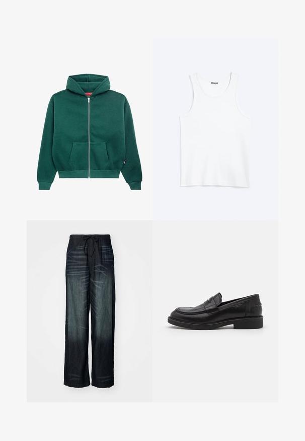 Grüne Sweatjacke aus weichem Stoff, mit Kapuze, Fronttaschen und gerippten Bündchen und Saum. Einfaches, einfarbiges Design.; Weißes ärmelloses Tanktop mit rundem Ausschnitt und Weekday-Markenetikett auf der Innenseite des hinteren Kragens, flach auf hellem Hintergrund dargestellt.; Weite Jeans mit allmählichem Farbverlauf in dunklem Denim. Verfügt über einen elastischen Bund mit Kordelzug. Glatte Textur mit dezenten Abnutzungsspuren.; Schwarze Lederloafer mit abgerundetem Zeh, farblich abgestimmtem Nähen und einem Riemendetail an der Vorderseite. Gummi-Sohle mit niedrigem Absatz.
