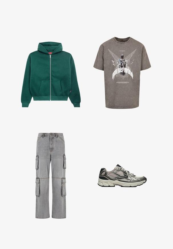 Grüne Sweatjacke aus weichem Stoff, mit Kapuze, Fronttaschen und gerippten Bündchen und Saum. Einfaches, einfarbiges Design.; Graues, übergroßes T-Shirt aus Baumwolle mit einem grafischen Aufdruck einer geflügelten Statue und stilisiertem Text auf der Vorderseite.; Graue Cargo-Hosen aus Denim; verfügen über mehrere Seitentaschen, einen lockeren Schnitt und kontrastierende Nähte entlang der Säume.; Hellgrauer und schwarzer Laufschuh mit Mesh-Einsätzen, gedämpfter Sohle und weißen gemusterten Schnürsenkeln, von der Seite auf weißem Hintergrund gezeigt.