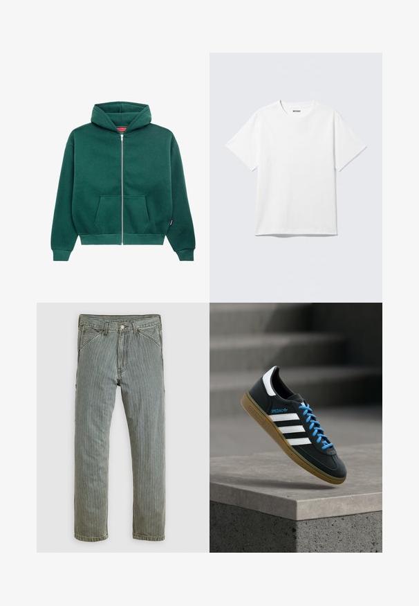 Grüne Sweatjacke aus weichem Stoff, mit Kapuze, Fronttaschen und gerippten Bündchen und Saum. Einfaches, einfarbiges Design.; Weißes T-Shirt mit kurzen Ärmeln und Rundhalsausschnitt, flach liegend, schlichtes Design, mit „WEEKDAY“-Etikett innen im Kragen auf hellem Hintergrund.; Schwarz-weiße gestreifte gerade Hosen mit Fronttaschen und Gürtelschlaufen, flach auf einem hellen Hintergrund präsentiert.; Schwarzer Adidas-Sneaker mit weißen Streifen, blauen Schnürsenkeln und Gummisohle, der über einer grauen Betontreppe im weichen Licht schwebt.